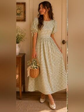 Sage Green Gingham Maxi Dress Cottagecore Prairie Puff Sleeve Size S Oversized